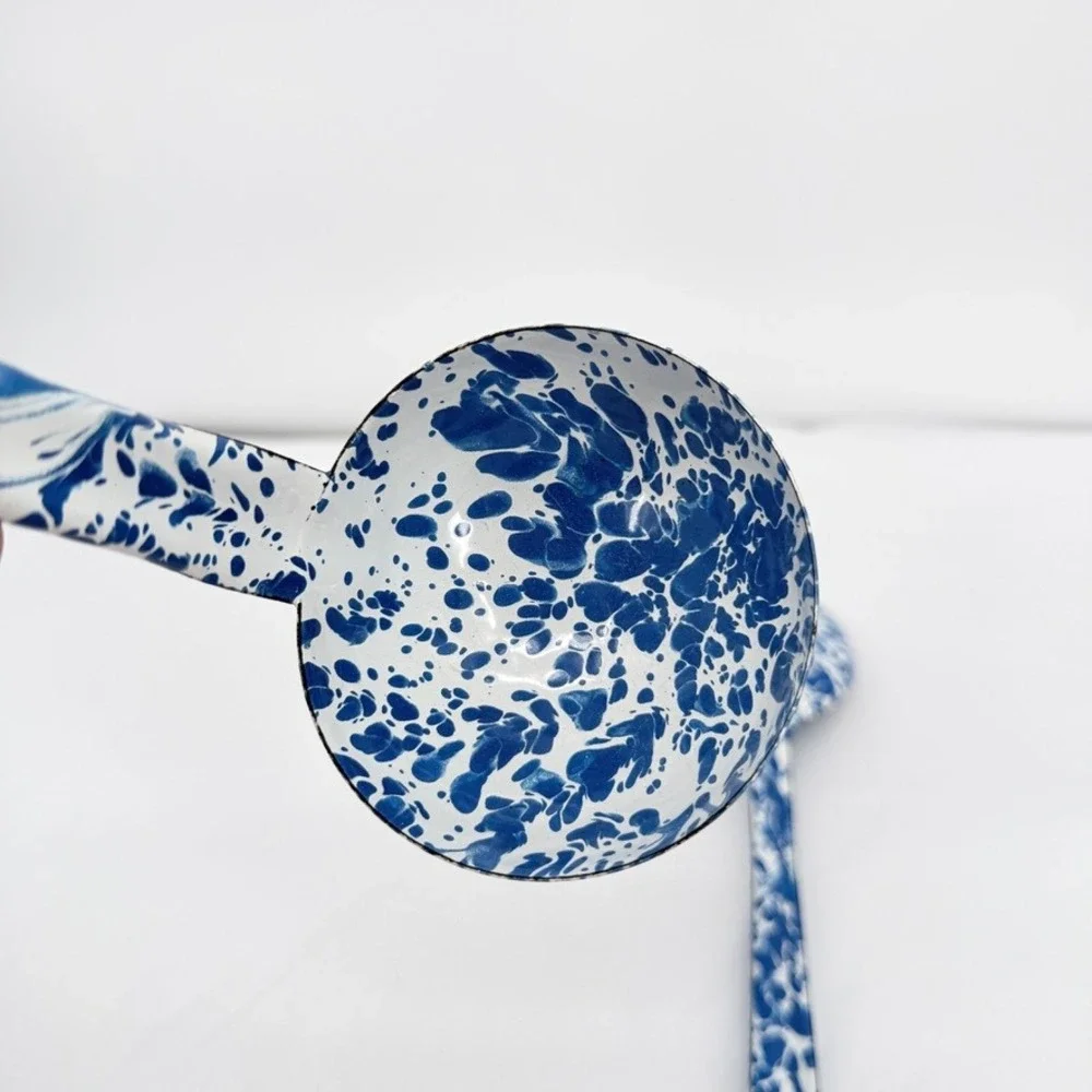 Crow Canyon Enamelware Ladle & Spoon Set Blue Marble Splatter VTG Kitchen
